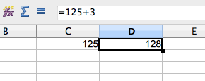 Copie écran Excel : une cellule Excel contenant la fonction 125+3